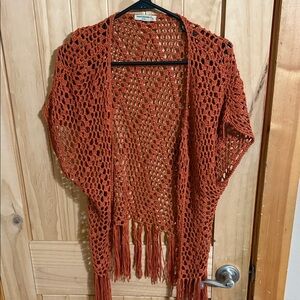 Vivid Collection Crochet Open-Front Sweater - Rust